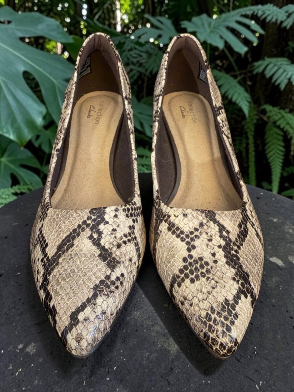 Clarks Collection Taupe/Dark Brown Snakeskin Linvale Jerica Pumps Sz 8